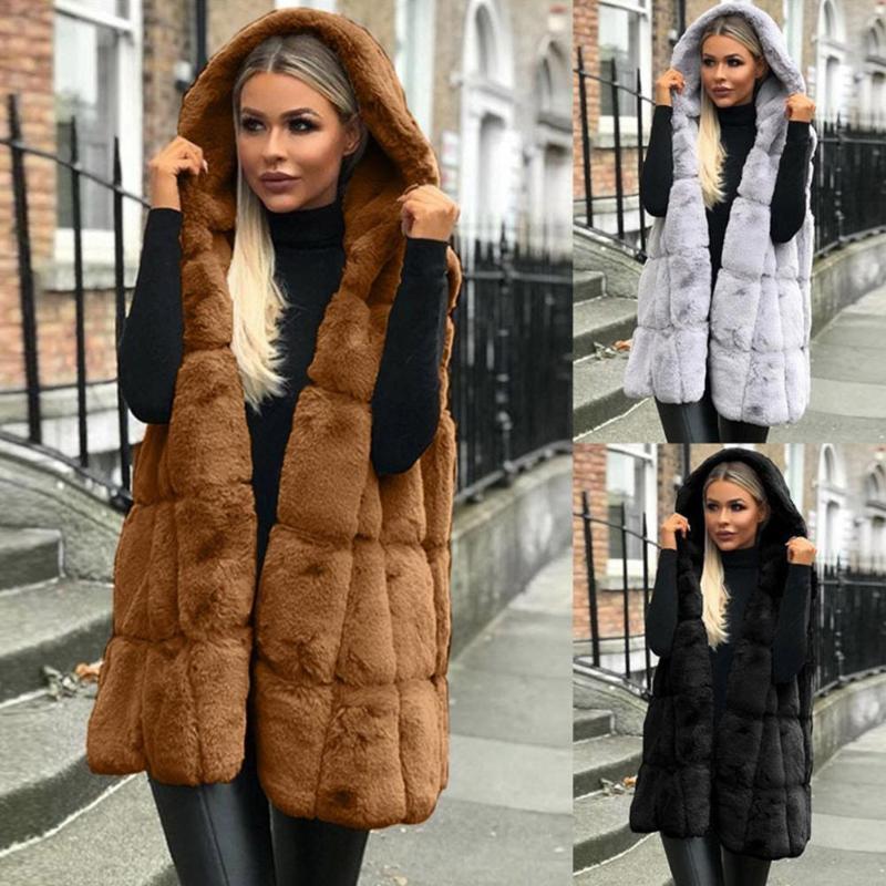Women Winter Vest Hot Sale Hooded Comfortable Soft Simple Solid Imitation Fur Cardigan Medium Long Warm Furry Gilet