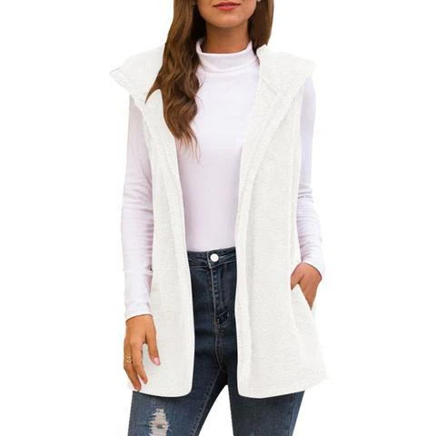 Winter Warm Hooded Sleeveless Vest Women Long Vest Women Waistcoat Sleeveless Jacket Women Hooded Fleece Fur Vest