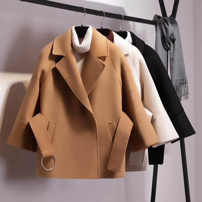 Women's short wool coat belt jacket